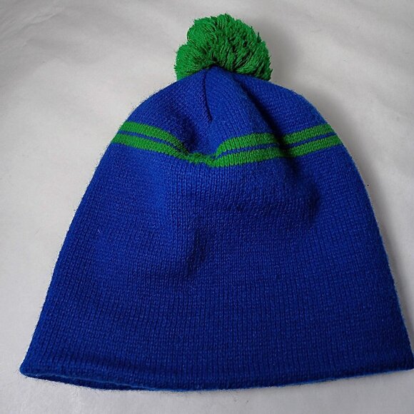 Bayer Pharmaceuticals Hat Knit Beanie Boggin Blue Green Pom Pom Vintage USA Made - Picture 10 of 11